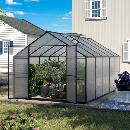 8x10 FT Outdoor Greenhouse Kit, Polycarbonate Aluminum Walk-in Greenhouse with Adjustable Roof Vent and Lockable Door, Backyard Garden in Winter, Gray