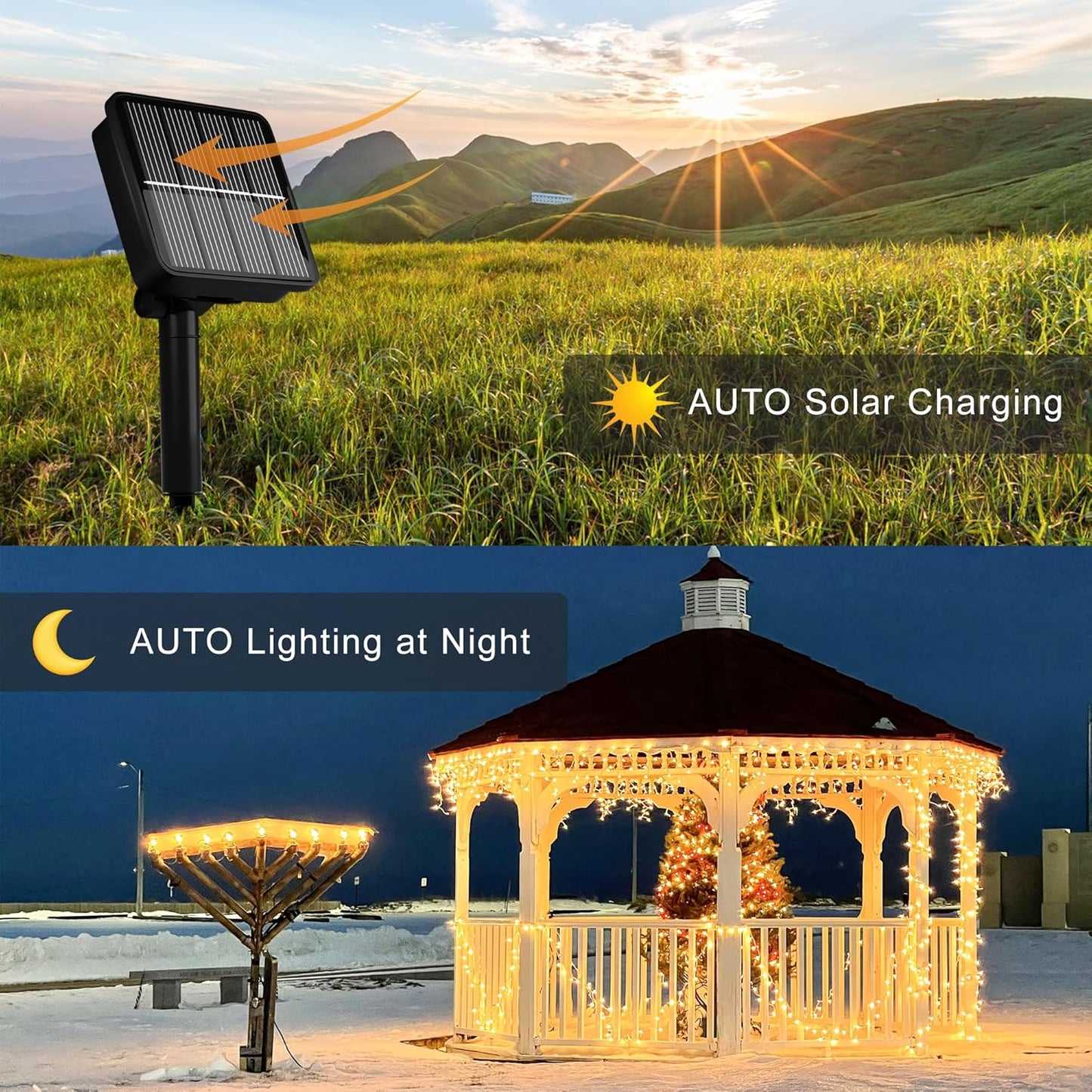 2 Pack-Solar String Lights, 78Ft 200 LED Solar Lights Outdoor with 8 Modes ，Solar String Lights Outdoor Waterproof for Yard, Fence,Balcony, Party,Christmas Tree Decorations (Warm White)