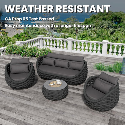 Woven Rope Patio Furniture Set: 4 Pieces Aluminum Outdoor Conversation Sofa Set Assembled - Modern Couch Set Cushioned - All Weather Metal Porch Seating for 5 Person Deck Garden Hotel, Dark Gray