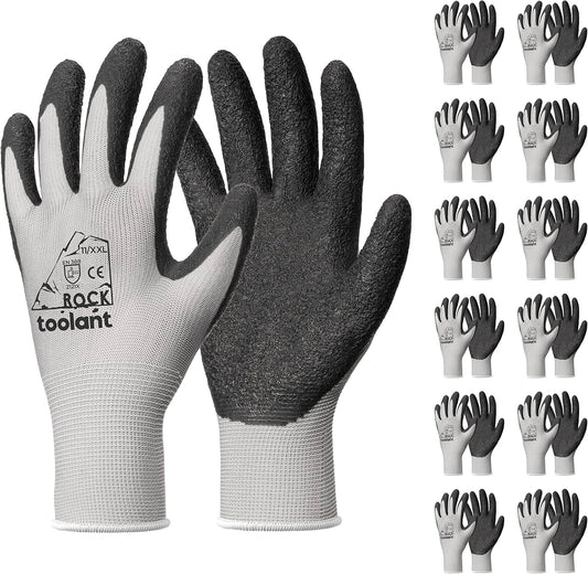 toolant Crinkle Latex Work Gloves Bulk, Rubber Coated Safety Work Gloves for Men and Women, 12 Pairs for Construction, Gardening, Warehouse (Gray, XXL)