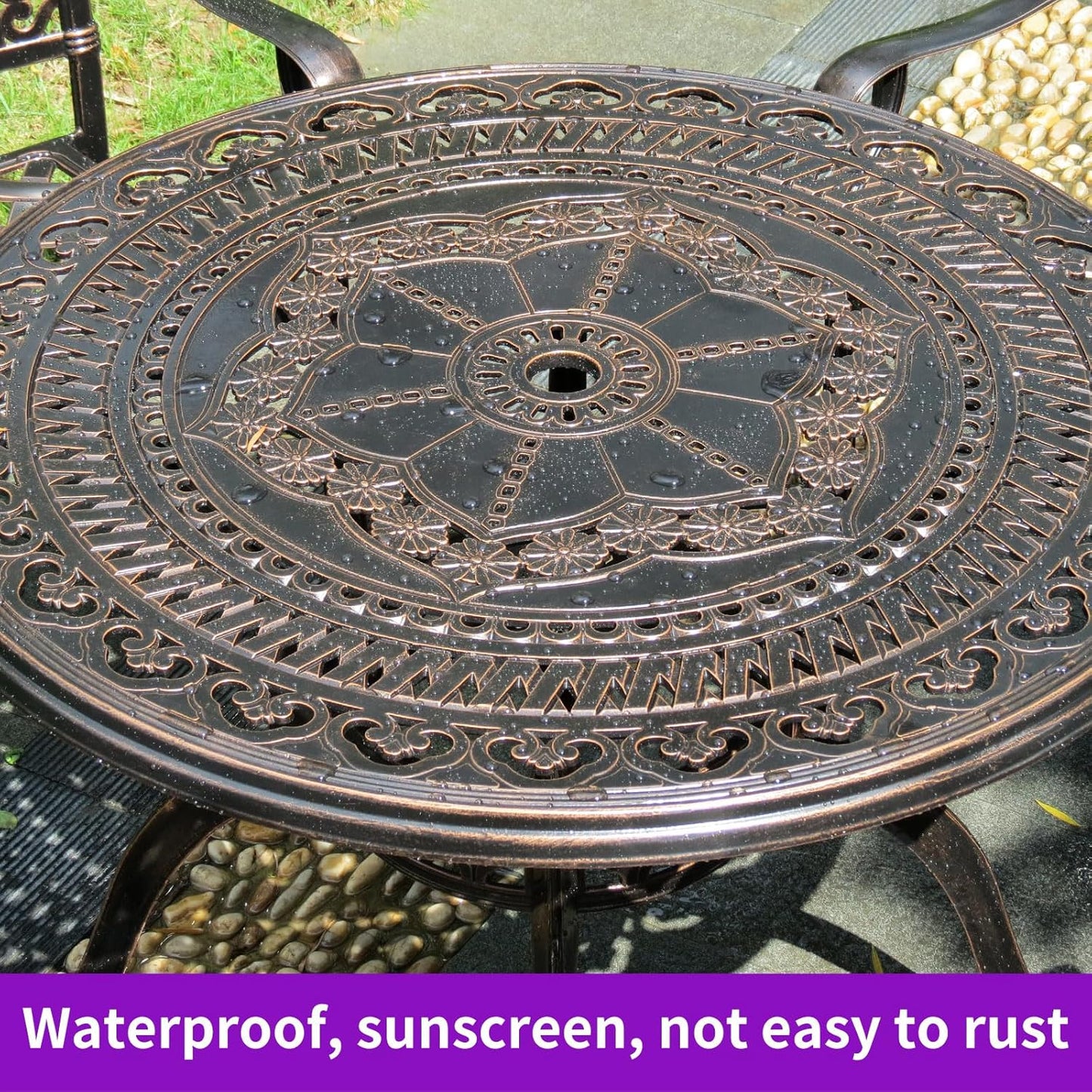 Outdoor Table Cast Aluminum Round Patio Table with Umbrella Hole All Weather Outdoor Dining Table for Lawn Garden Backyard (90cm Woven Round Table)