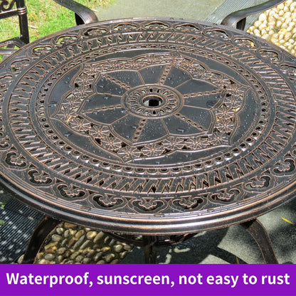 Outdoor Table Cast Aluminum Round Patio Table with Umbrella Hole All Weather Outdoor Dining Table for Lawn Garden Backyard (90cm Woven Round Table)