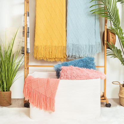 MINTWOOD Design 22in Extra Large Blanket Basket Holder Living Room, Rectangle Rope Woven Storage Basket with Handles for Laundry, Pool Towels, and Shoes, Dog Toy Organizer Bin Box, Creamy White
