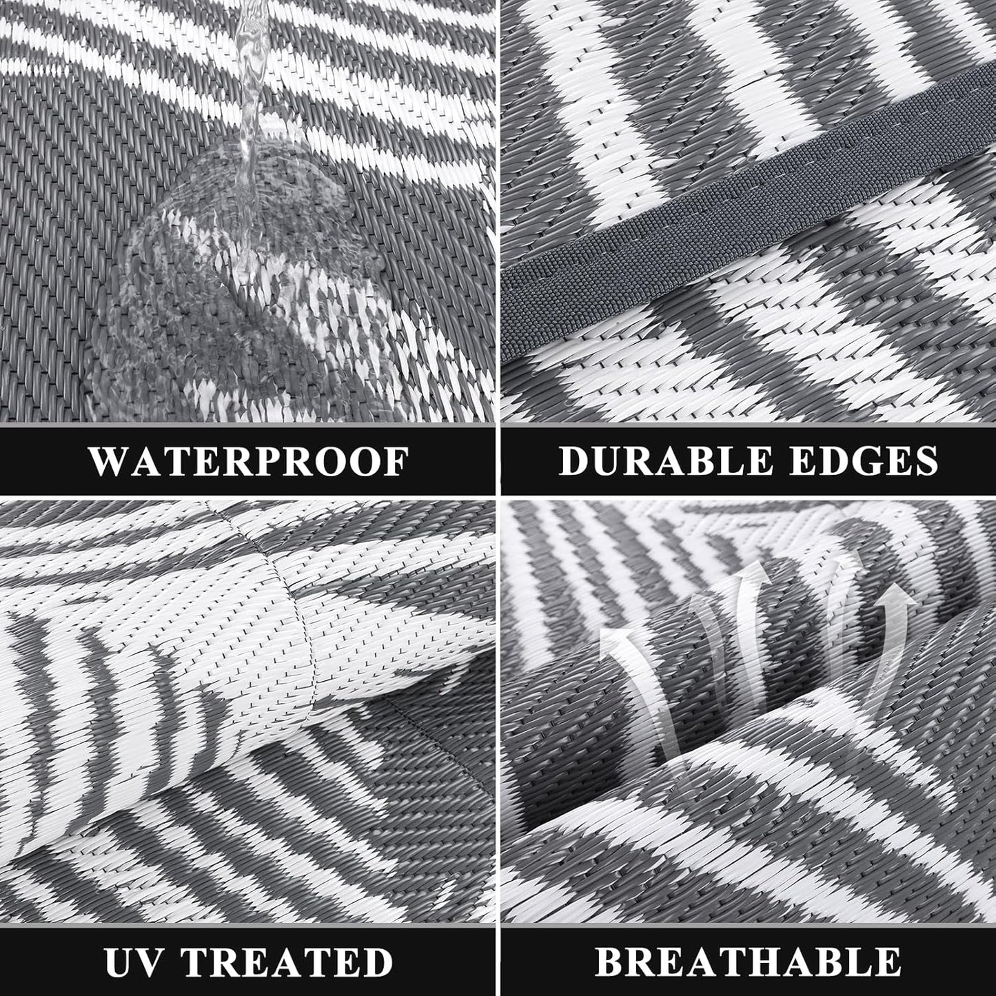 Pauwer Waterproof Outdoor Rug 9x12, Reversible Plastic Straw Patio Camping Rug, Indoor Outdoor RV Mat Carpet for Deck, Camper, Porch, Balcony, Backyard, Picnic, Leaf Grey