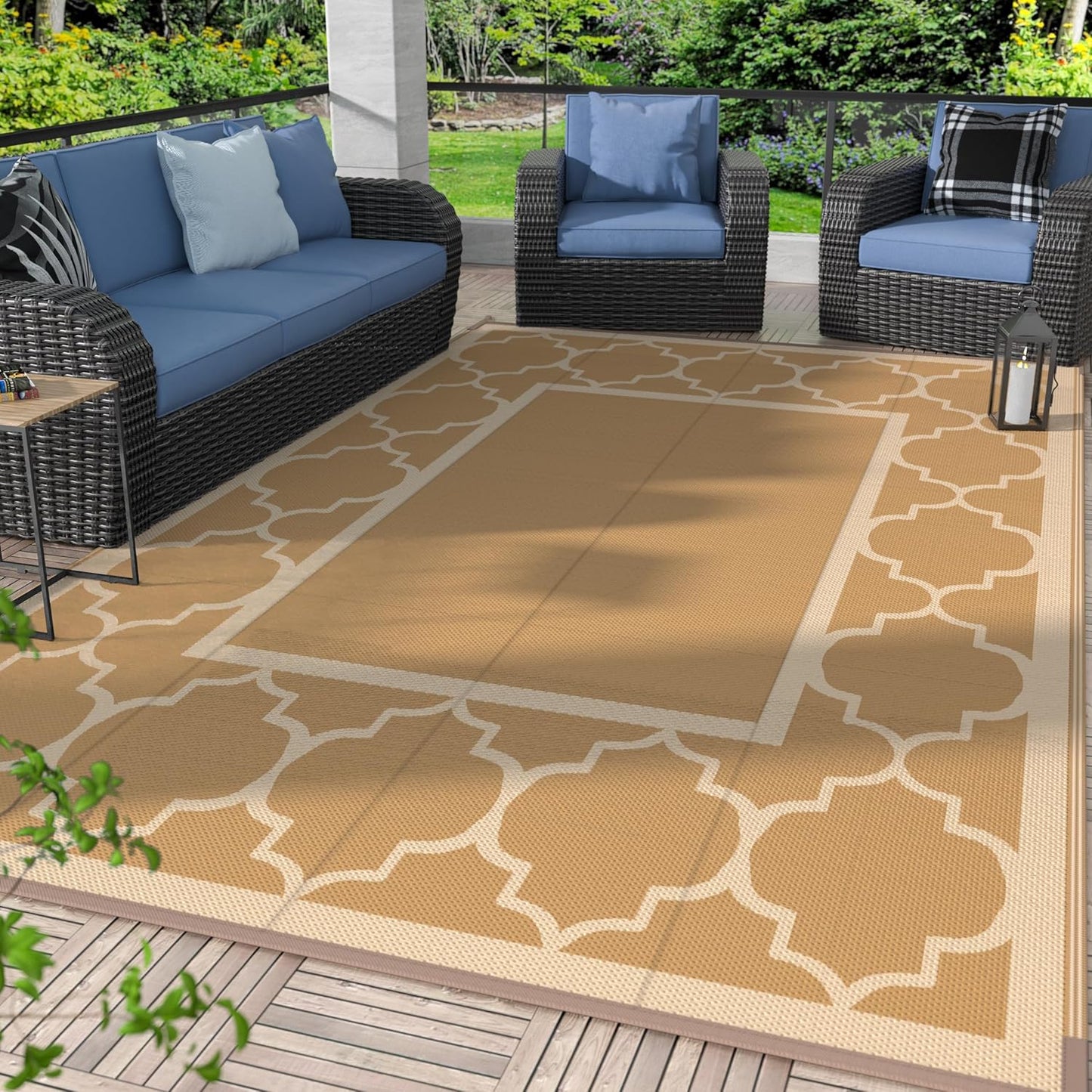 GENIMO 5' x 8' Outdoor Rug Waterproof for Patio Decor, Foldable Reversible Plastic Straw Area Rugs Mat for Camper, Outside Carpet for Rv, Deck, Porch, Picnic, Beach, Balcony, Brown & Beige