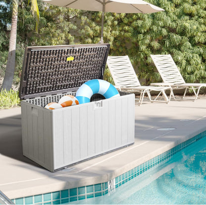 Premium Pro Edition 110 Gallon Lockable Resin Deck Box, Waterproof & UV-Resistant Outdoor Storage Box for Outdoor Cushion Storage, Garden Tools & Pool Accessories Storage, White