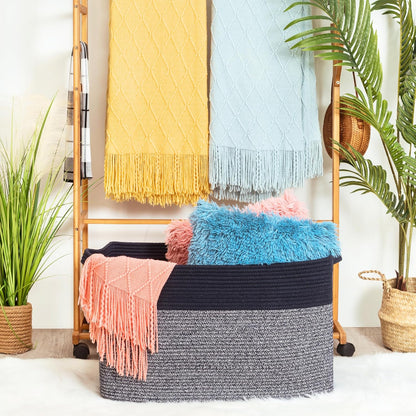 MINTWOOD Design 22in Extra Large Blanket Basket Holder for Living Room, Rectangle Rope Woven Storage Bin with Handles for Laundry, Pool Towels, and Shoes, Dog Toy Box Organizer, Navy Blue