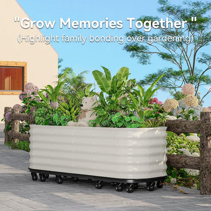 95x24x20in Galvanized Raised Garden Bed with Wheels & Water Reservoir – Durable Outdoor Planter Box, Elevated Raised Beds for Gardening, Portable Garden Box for Indoor/Outdoor Plants,White