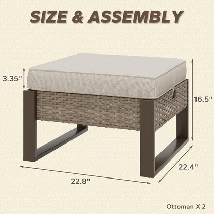 Patio Metal Wicker Ottoman Set of 2, Outdoor PE Rattan Footstools with Removable Cushions & Wood Looking Metal Steel Framed Legs for Garden Backyard Porch Deck, Beige