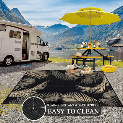 Pauwer Waterproof Outdoor Rug 8x10, Reversible Plastic Straw Patio Camping Rug, Indoor Outdoor RV Mat Carpet for Deck, Camper, Porch, Balcony, Backyard, Picnic, Leaf Black Brown