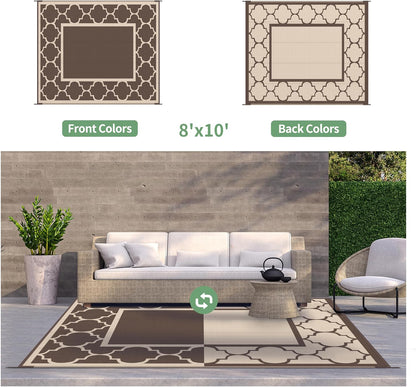 GENIMO Outdoor Rug 8' x 10' Patio Waterproof, Foldable Reversible Plastic Straw Area Rugs Mat for Camper Decor, Outside Carpet for Rv, Deck, Porch, Picnic, Beach, Balcony, Coffee & Beige
