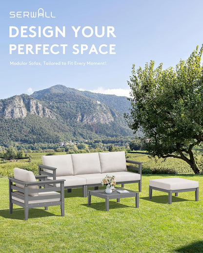 SERWALL HDPE Patio Furniture Set, 6 Pieces Outdoor Sectional Sofa Set, All-Weather Wood-Like Outdoor Sofa Couch with Coffee Table for Deck, Lawn, Grey Frame with Khaki Cushion