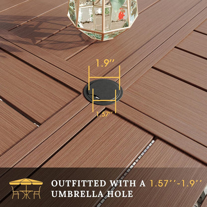 VICLLAX Round Patio Table with Adjustable Umbrella Hole for 6, All Weather Metal Outdoor Dining Table for Lawn Garden, 47.2" Outdoor Coffee Table, Walnut Wood-Like Tabletop