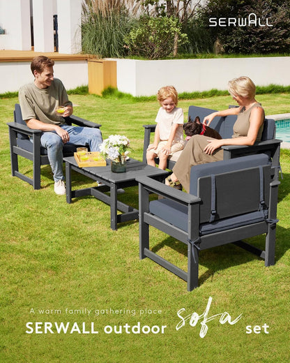 SERWALL 3 Pieces HDPE Outdoor Sofa Bistro Set with Cushions, Outdoor Furniture Sofa Sets with Coffee Table and Cushions, All Weather Conversation Social Set, Grey Frame and Grey Cushion