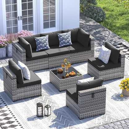 UDPATIO Patio Furniture Set, 7 Piece Outdoor Sectional Sofa,Modular Wicker Outdoor Furniture Conversation Sets with Waterproof Cover for Backyard Deck(Grey/Black)