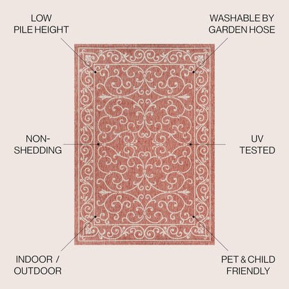 JONATHAN Y SMB106B-4SQ Charleston Vintage Filigree Textured Weave Red/Beige 4' Square Indoor/Outdoor Area Rug, Pet Friendly, Non-Shedding, Stain Resistant, Easy-Cleaning for Backyard, Patio, Porch