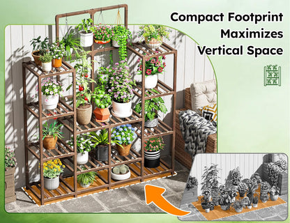 EnHomee Plant Stand Indoor Wood Plant Stand Outdoor Tiered Plant Shelf for Multiple 16-21 Potted Plants for Living Room Patio Balcony Yard Garden 44.9" W x 11.8" D x 62.2" H