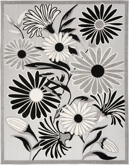 Nourison Home Aloha Indoor/Outdoor Black White 5'3" x 7'5" Area Rug, Easy Cleaning, Non Shedding, Bed Room, Living Room, Dining Room, Kitchen (5x7)