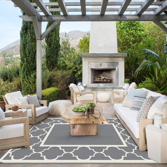 GENIMO 6' x 9' Outdoor Rug Waterproof for Patio Decor, Foldable Reversible Plastic Straw Area Rugs Mat for Camper, Outside Carpet for Rv, Deck, Porch, Picnic, Beach, Balcony, Grey & Beige White