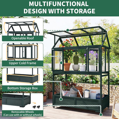 Garden Wood Portable Cold Frame - Mini Greenhouse with Wheels, Open Roof & Storage (Green + Beige + Beige)