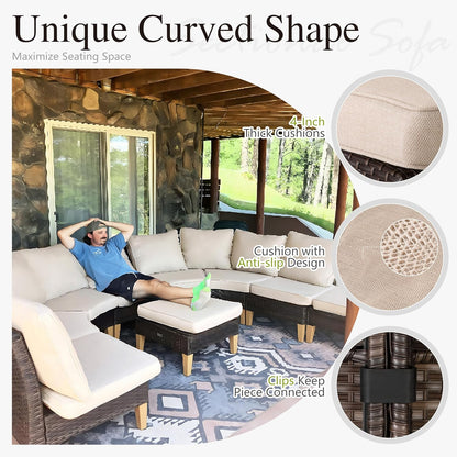 Sophia & William Half-Moon Outdoor Patio Furniture Set 9 Piece Large & High Back Wicker Rattan Patio Sectional Furniture Sofa Set Fan-Shaped Conversation Set with Ottomans & 4" Thick Cushions, Beige