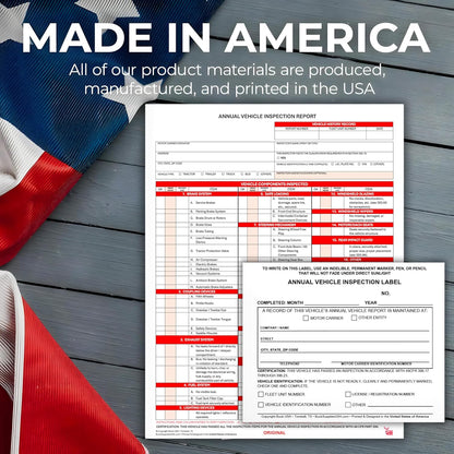 10 Pack 3-Ply Carbonless Annual Vehicle Inspection Report Forms with FMCSA 2-Ply Mylar Laminate Adhesive Vinyl Labels, DOT Inspection Forms and Stickers, Shrink-Wrapped, 8.5" x 11.75" - Made in USA