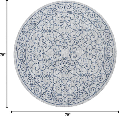 JONATHAN Y SMB106C-6R Charleston Vintage Filigree Textured Weave Gray/Navy 6' Round Indoor/Outdoor Area Rug, Pet Friendly, Non-Shedding, Stain Resistant, Easy-Cleaning for Backyard, Patio, Porch