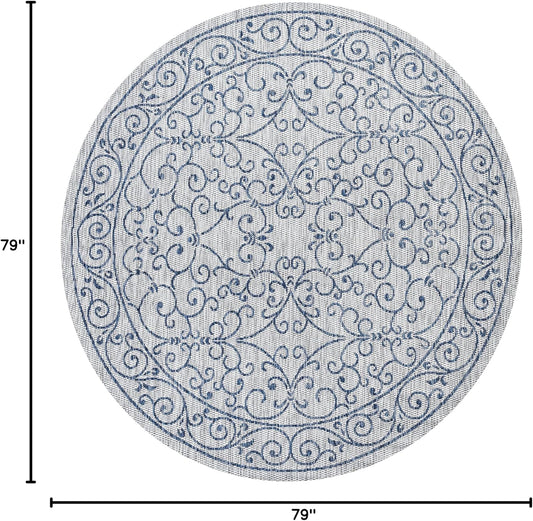 JONATHAN Y SMB106C-6R Charleston Vintage Filigree Textured Weave Gray/Navy 6' Round Indoor/Outdoor Area Rug, Pet Friendly, Non-Shedding, Stain Resistant, Easy-Cleaning for Backyard, Patio, Porch