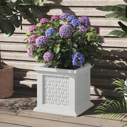 Pure Garden Rattan Style Outdoor Planter Box - 14.65-Inch-Square Decorative Flower or Plant Pot - Garden, Patio and Front Porch Decor (White)