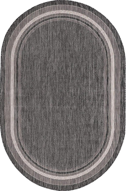Unique Loom Outdoor Border Collection Area Rug - Soft Border (5' 3" x 8' Oval, Black/ Ivory)