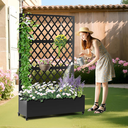 Metal Planter Box with Trellis, Heavy-Duty Raised Garden Bed for Climbing Plants, Drainage Hole, Outdoor Planter Box with Privacy Screen，47''L×16''W×71''H
