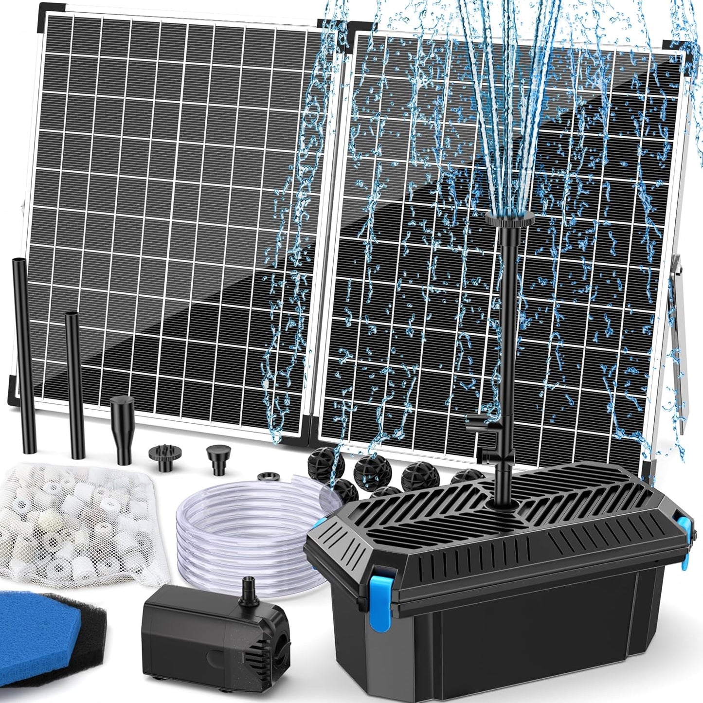 Antfraer Solar Fountain Pump with Pond Filter Kit, 40W Panel Solar Pond Pump with Pond Filter Box, Pond Filter for Outdoor Pond Garden Fountains Waterfalls DIY Water Feature