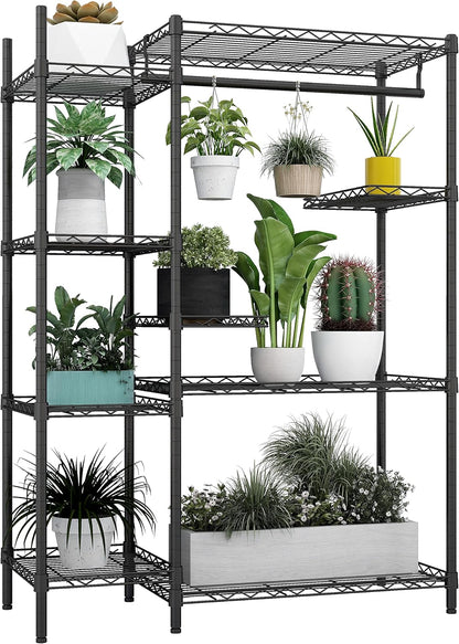 Xiofio Plant Stands for for Indoor Outdoor, Heavy Duty Metal Plant Stand,large Plant Shelf,Adjustable Plant Shelves With Hanging Rod for Living Room,Balcony,Garden,Black