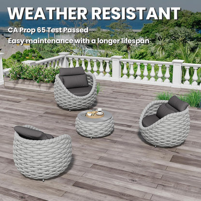 4 Pieces Courtyard Seating Set: Aluminum Woven Rope Patio Furniture Chair Set - All Weather Metal Outdoor Conversation Set - Assembled Armchair w/Table for Bistro Deck Porch Balcony Pool Hotel