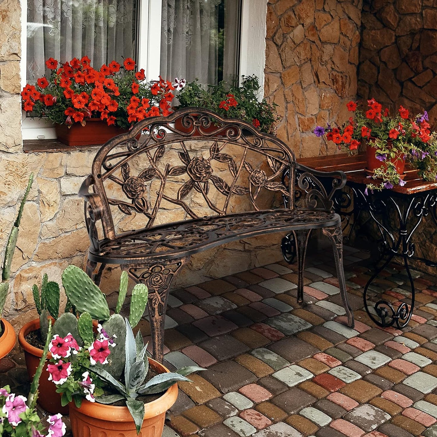 VINGLI 38.5" Patio Park Garden Outdoor Metal Rose Bench,Cast Iron Cast Aluminium Frame Antique Finish Chair,Accented Lawn Front Porch Path Yard Decor Deck Furniture for 2 Person Seat（Bronze