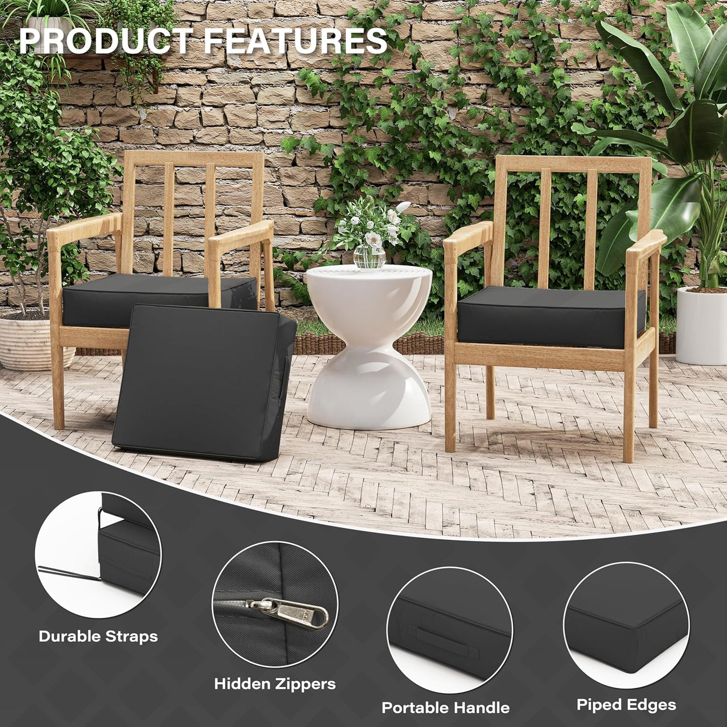 Patio Chair Cushions 18.5 X 16 X 4 Inch Waterproof Outdoor Seat Cushions for Patio Furniture, Outdoor Sofa Couch Pads with Ties & Handle, Set of 2, Grey
