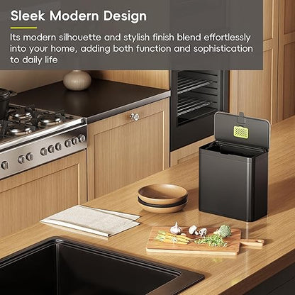 EKO Kitchen Compost Bin, 7L / 1.85 Gal Stainless Steel with Removable Inner Bucket and Deodorizer Compartment, 2-in-1 Countertop Compost Bin with Lid, Food Waste Caddy for Kitchen (Matte Black)