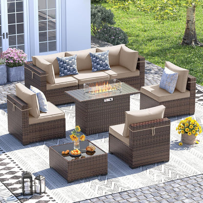 UDPATIO Patio Furniture Set with Fire Pit Table, 8 Piece Outdoor Sectional Modular Sofa, Wicker Outdoor Furniture Conversation Sets with Waterproof Cover for Backyard Deck(Brown/Khaki)
