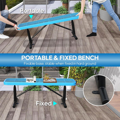 6 Feet Heavy Duty Metal Park Bench for Outside, Outdoor Bench with Portable Frame, Commercial Benches for Shopping Mall, Store, Park, Patio, Deck, Blue
