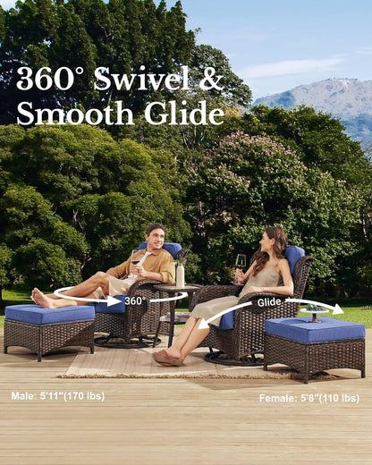 HILLGA Luxury Outdoor Swivel Rocker Patio Chairs of 2 with 6 Inch Thick Cushions and Side Table, Swivel Outdoor Chairs 5PCS High Back Wicker Patio Furniture Set for Porch, Balcony, Deck in Blue