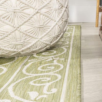 JONATHAN Y SMB106H-210 Charleston Vintage Filigree Textured Weave Indoor Outdoor Runner Rug, Coastal,Traditional,Transitional Easy Clean,Bedroom,Kitchen,Backyard,Patio, Non-Shed, Green/Cream, 2 X 10