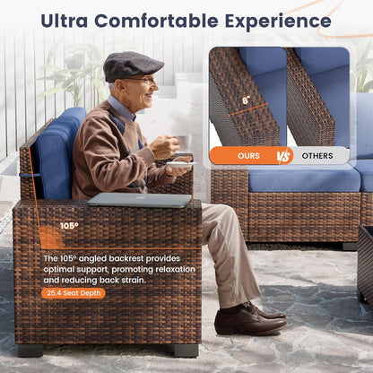 UDPATIO Patio Furniture Set, 8 Inch Armrest Outdoor Sectional Sofa, 6 Piece Wicker Outdoor Furniture Conversation Sets with Waterproof Cover and Coffee Table for Backyard Deck(Brown/Navy Blue)