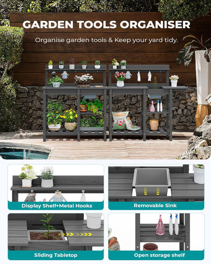 SERWALL Potting Bench Set of 2 Outdoor Potting Table with Sink, HDPE Potting Benches for Outside Gardening Table All Weather Use- Gray