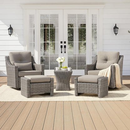 CHITA 5 Pieces Swivel Wicker Patio Furniture Set, Outdoor Conversation Set with 2 Pieces Rattan Rocking Swivel Chairs, 2 Pieces Ottomans, Thickened Cushions and Side Table