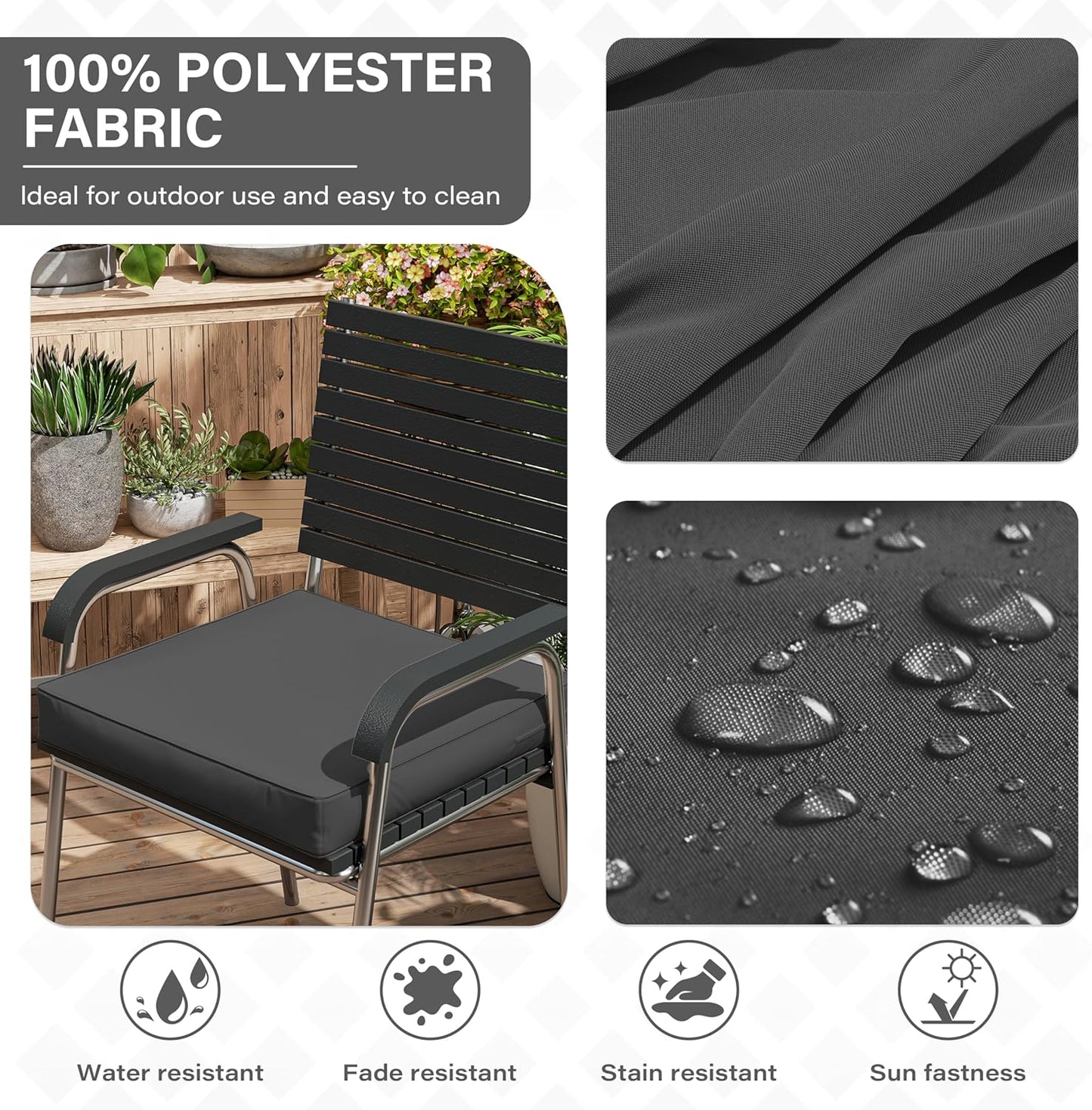 Patio Chair Cushions 17 X 16 X 3 Inch Waterproof Outdoor Seat Cushions for Patio Furniture, Outdoor Sofa Couch Pads with Ties & Handle, Set of 2, Grey