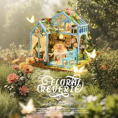 [2025 New] Floral Reverie Miniature House Kit with LED Light, Book Nook Kit with Cover for Birthday, 3D Wooden Bookends Puzzle Bookshelf Decor Building Kit Birthday Gifts for Family, Friends
