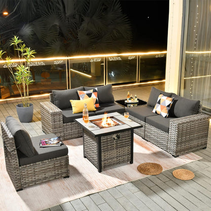 HOOOWOOO Modular Patio Outdoor Sectional Furniture Set with Gas Propane Fire Pit Table,7 Piece Wicker Conversation Sofa Set,Out Door Couch Set with Wide Arm Outside(Black)