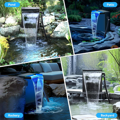 POPOSOAP Pond Waterfall Spillway Kit with LED Lights, 13.4" H x 12" W Stainless Steel Spillway with 660GPH Pond Pump, Filtration, 10FT Corrugated Tubing Waterfall for Water Garden, Backyard, Pool
