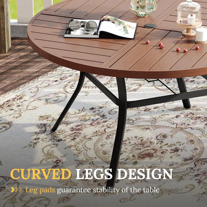 VICLLAX Round Patio Table with Adjustable Umbrella Hole for 8, All Weather Metal Outdoor Dining Table for Lawn Garden, 53.1" Outdoor Coffee Table, Walnut Wood-Like Tabletop