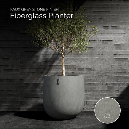 Mondo Large Planter – Grey Stone Finish – Fiberglass Indoor/Outdoor and Weather-Resistant Round Planter (19.7" D x 19.1" H Exterior, 18.5" D x 18.5" H Interior)